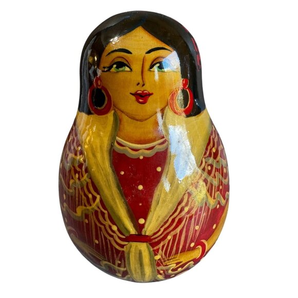 Matryoshka Roly Poly Bell Doll Hand Painted Wooden 5 1/4" Red Gold Folk Art - Picture 2 of 7